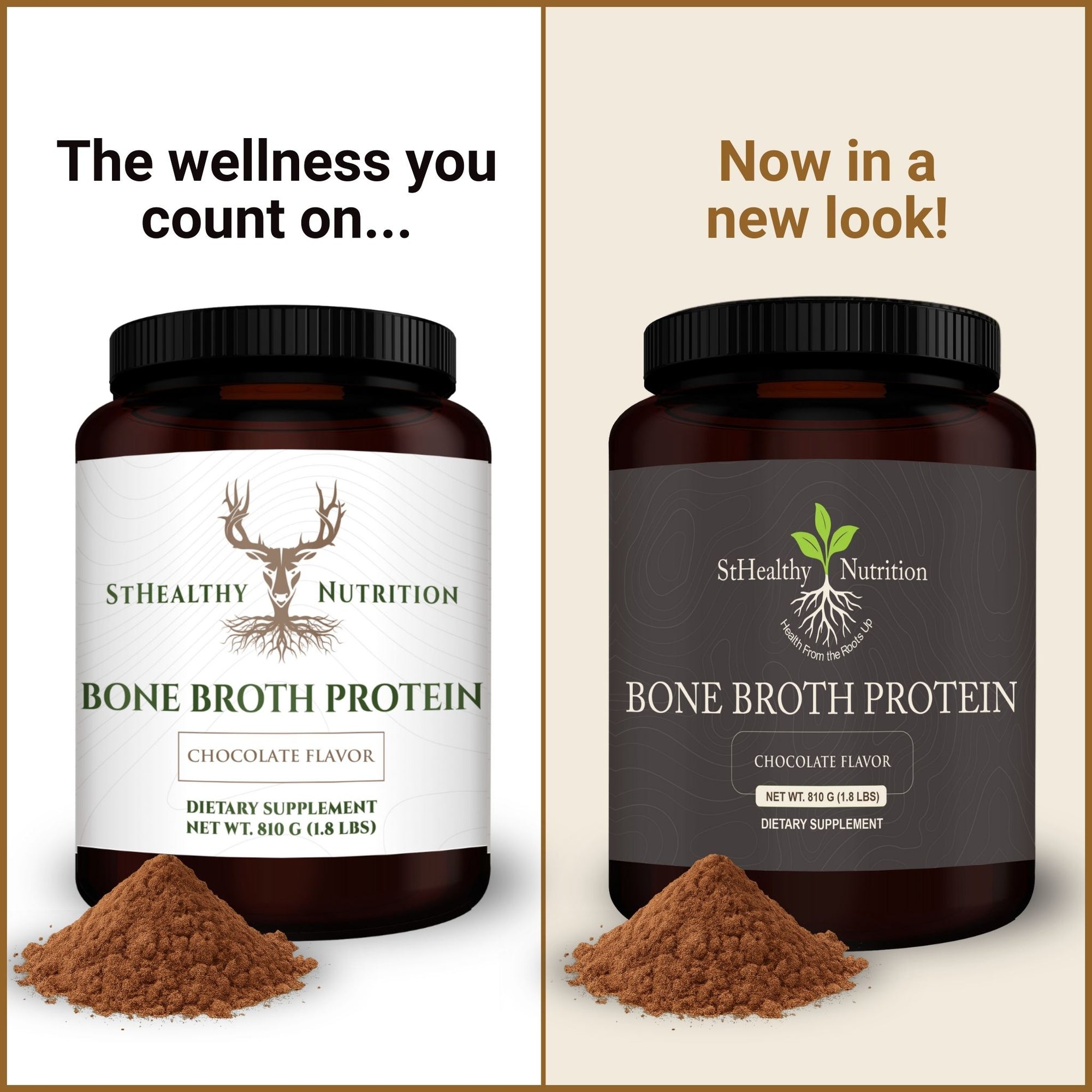 Two containers of StHealthy Nutrition Bone Broth Protein with different labels and text.