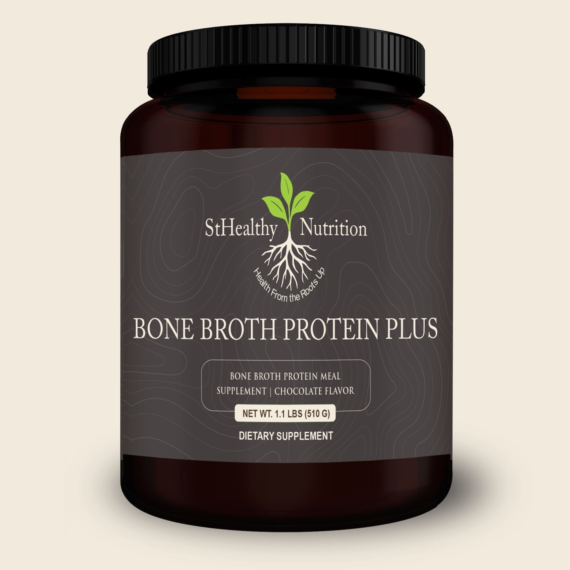 Container of StHealthy Nutrition Bone Broth Protein Plus on a beige background