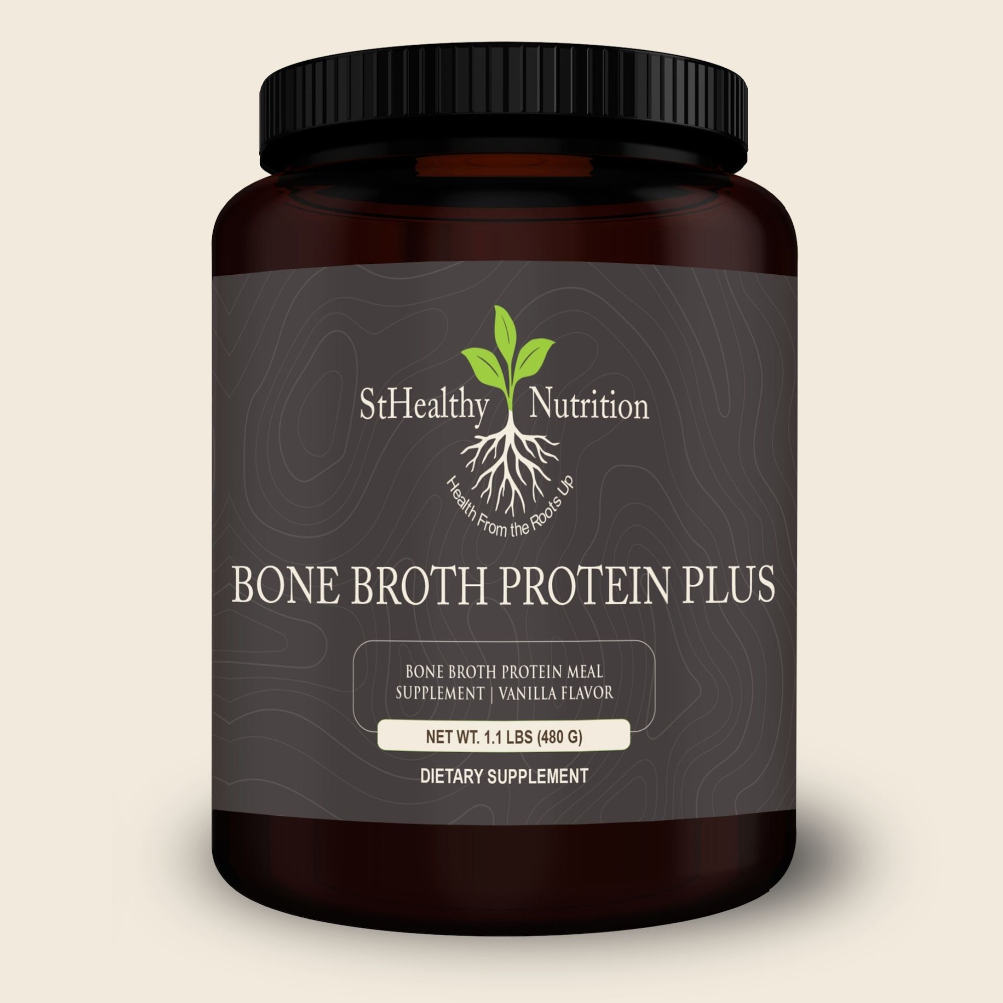 Jar of StHealthy Nutrition Bone Broth Protein Plus on a beige background