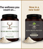 Two containers of StHealthy Nutrition Bone Broth Protein with new and old packaging designs.