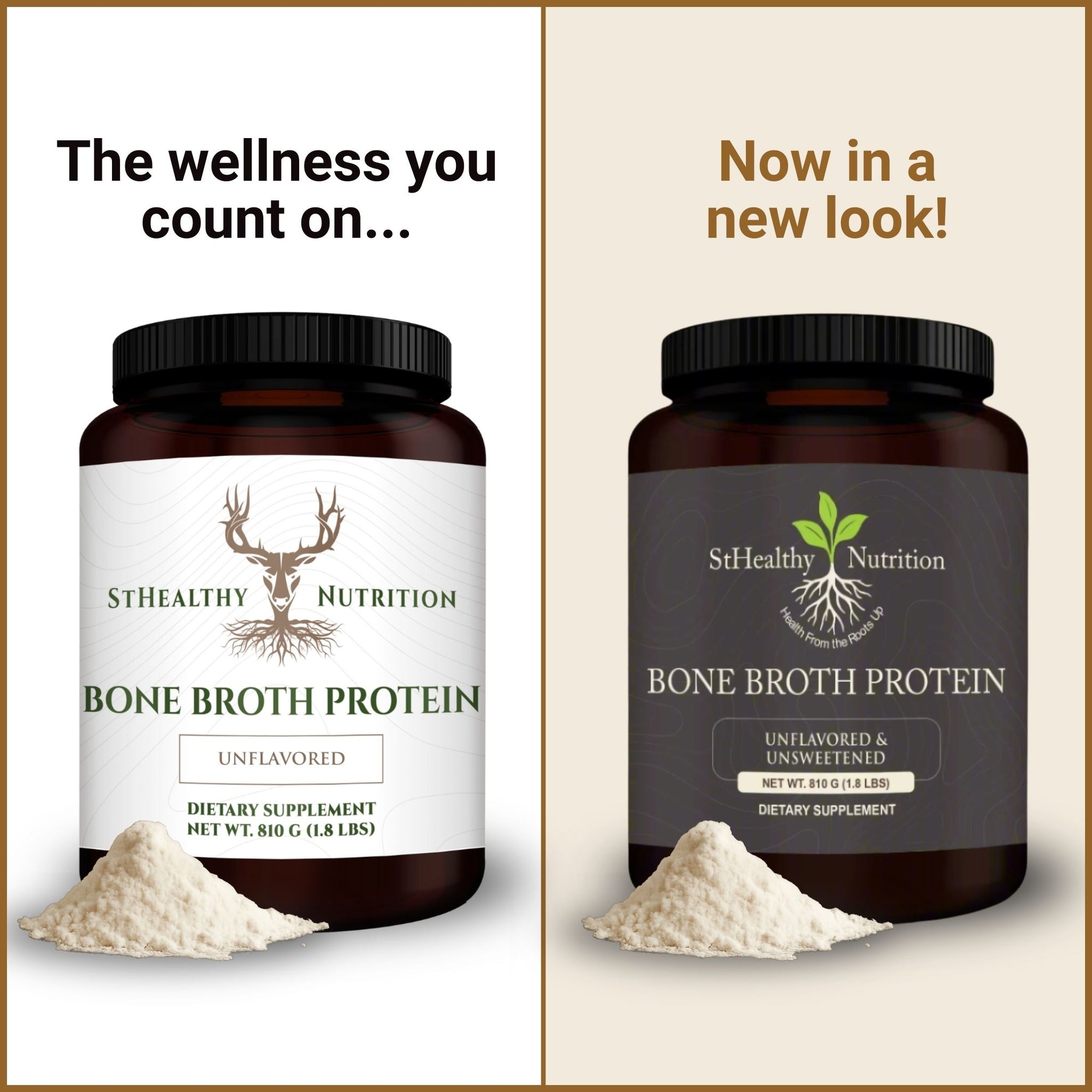 Two containers of StHealthy Nutrition Bone Broth Protein with new and old packaging designs.