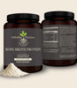 Two bottles of StHealthy Nutrition Bone Broth Protein with a scoop of powder on a beige background