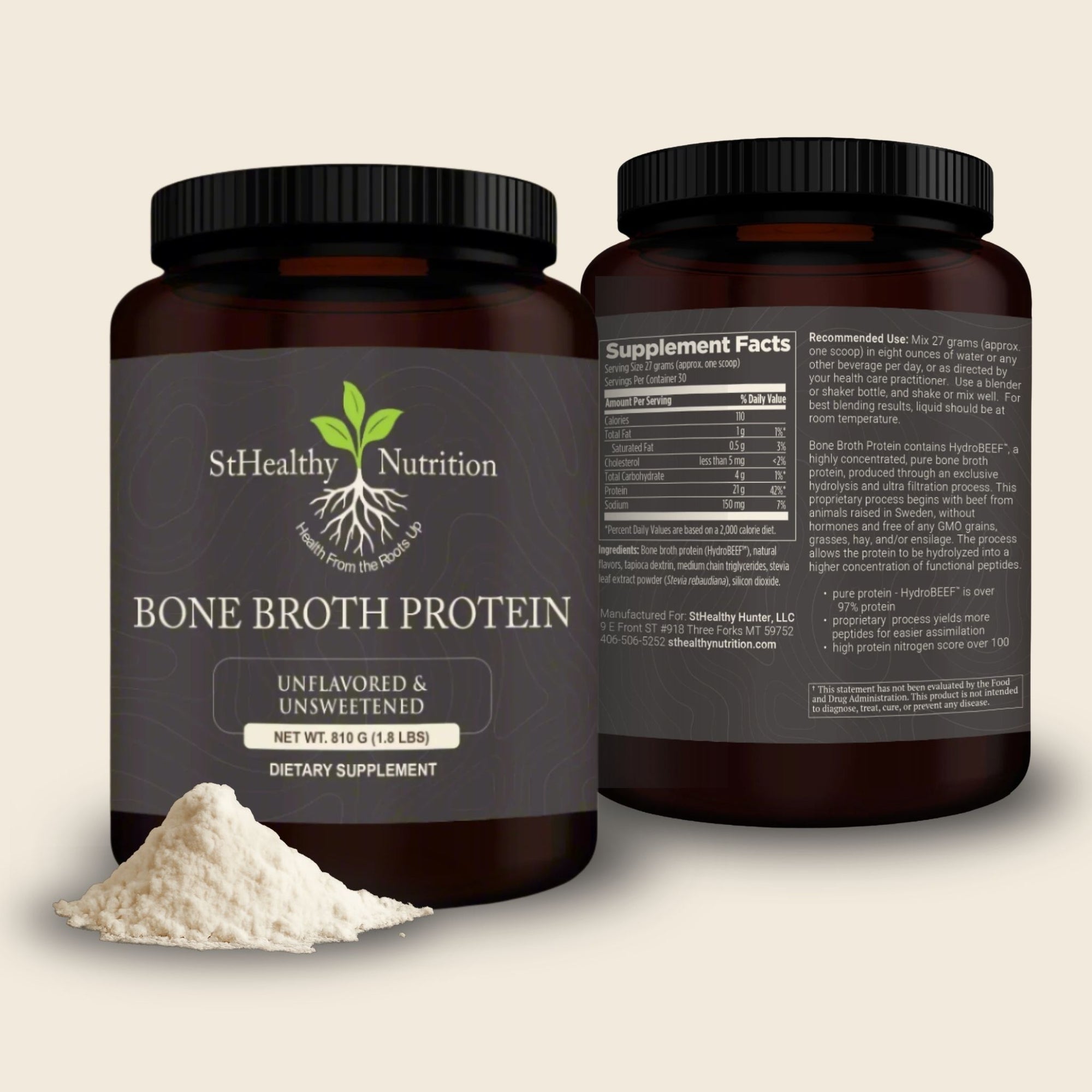 Two bottles of StHealthy Nutrition Bone Broth Protein with a scoop of powder on a beige background