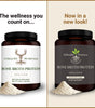 Two containers of StHealthy Nutrition Bone Broth Protein with different label designs on a beige background.