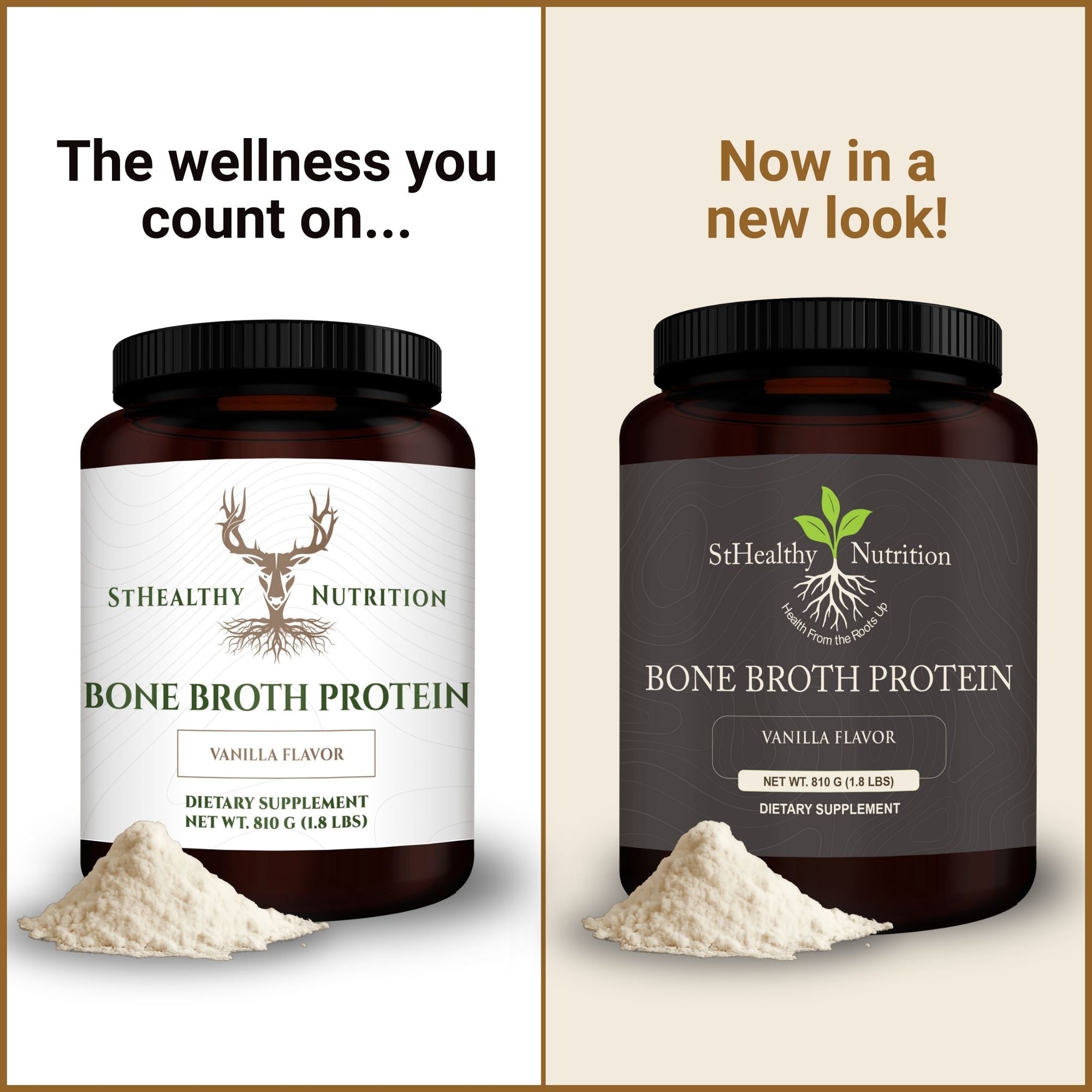Two containers of StHealthy Nutrition Bone Broth Protein with different label designs on a beige background.