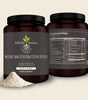 Two containers of StHealthy Nutrition Bone Broth Protein Plus with a scoop of powder on a beige background.