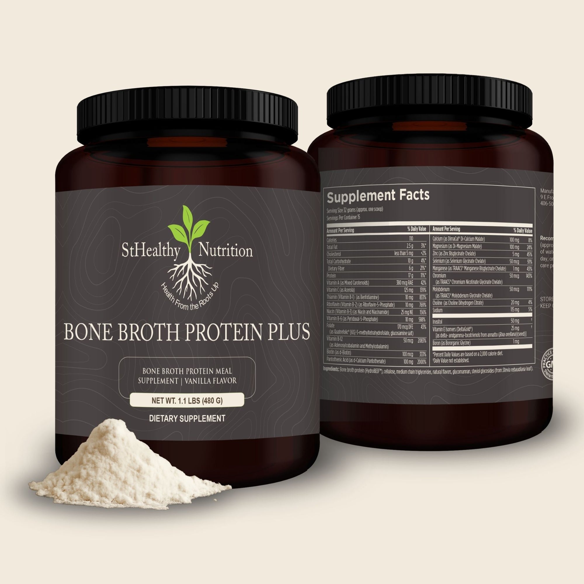 Two containers of StHealthy Nutrition Bone Broth Protein Plus with a scoop of powder on a beige background.
