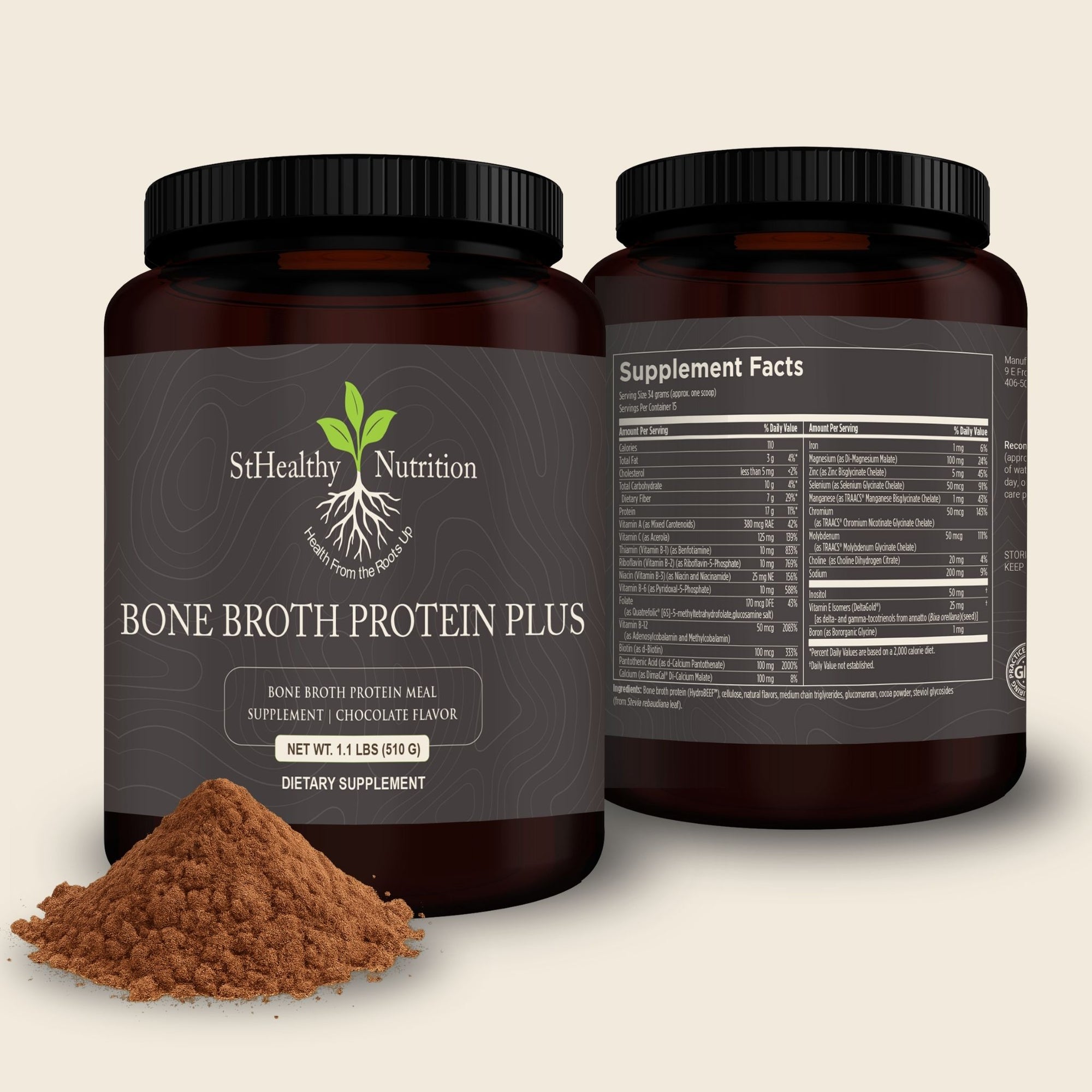 Two containers of StHealthy Nutrition Bone Broth Protein Plus with a scoop of protein powder on a beige background.