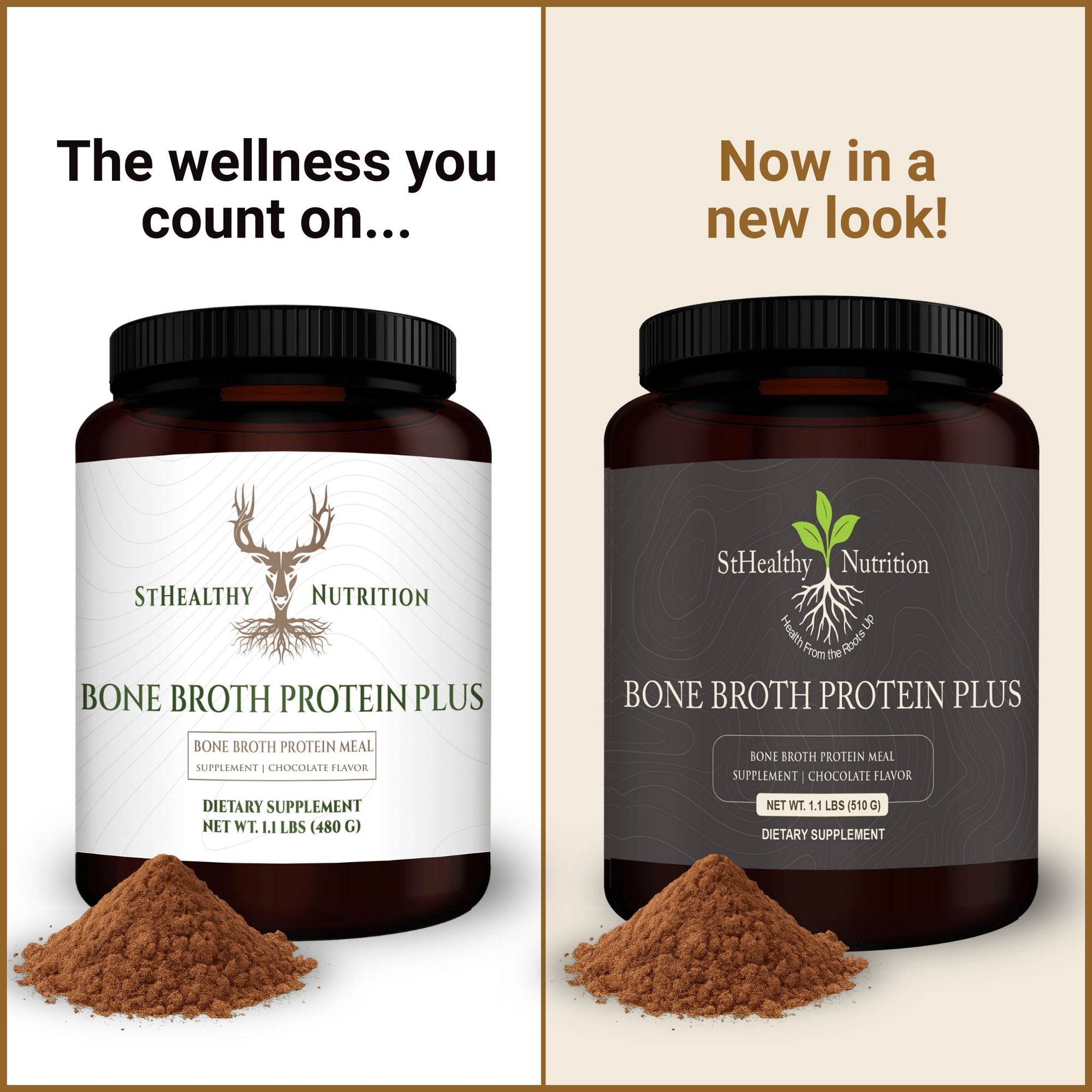 Two containers of StHealthy Nutrition Bone Broth Protein Plus with different label designs on a beige background.