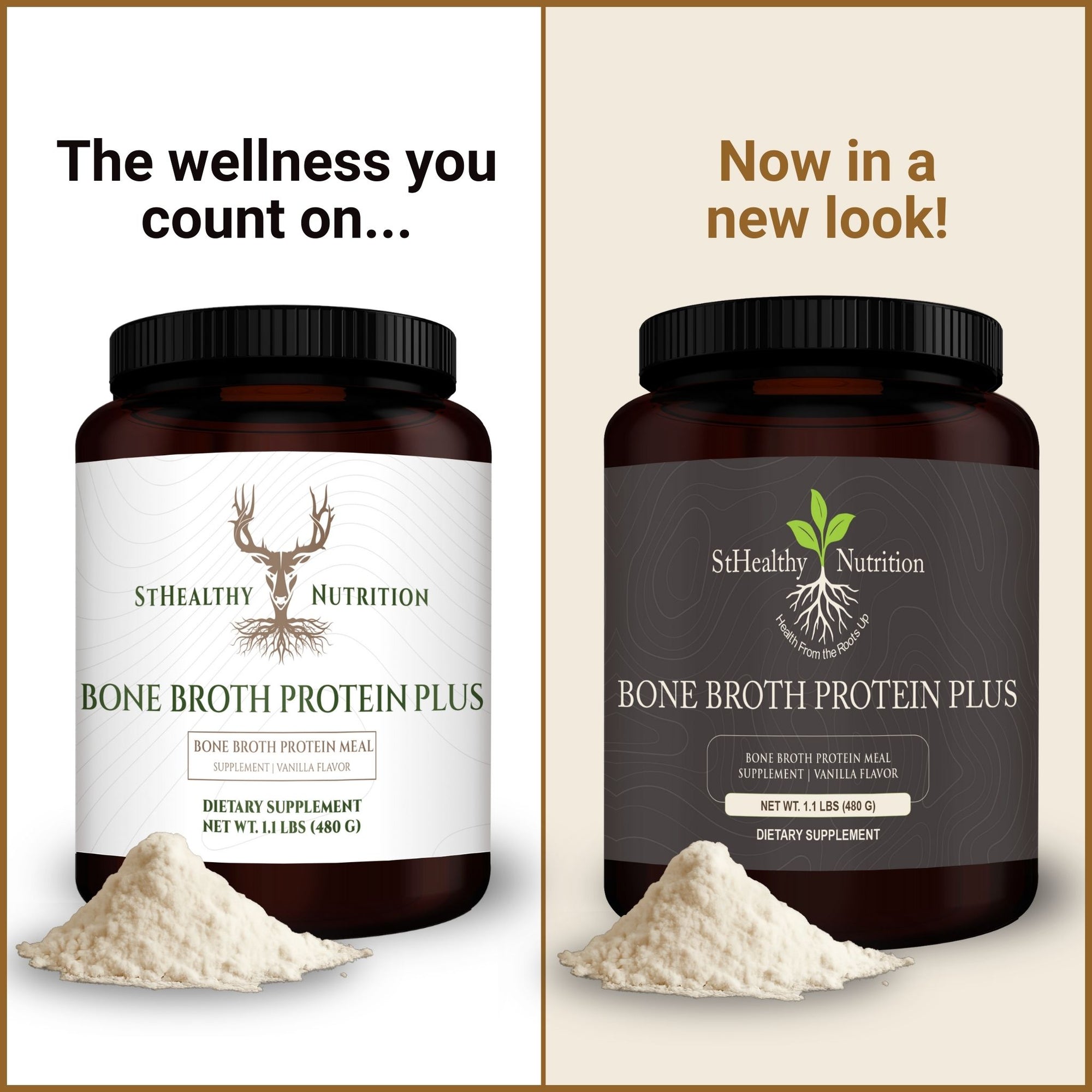 Two containers of StHealthy Nutrition Bone Broth Protein Plus with different label designs on a beige background.