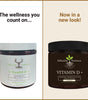 Two containers of StHealthy Nutrition Vitamin D+ on a beige background with text about a new look.