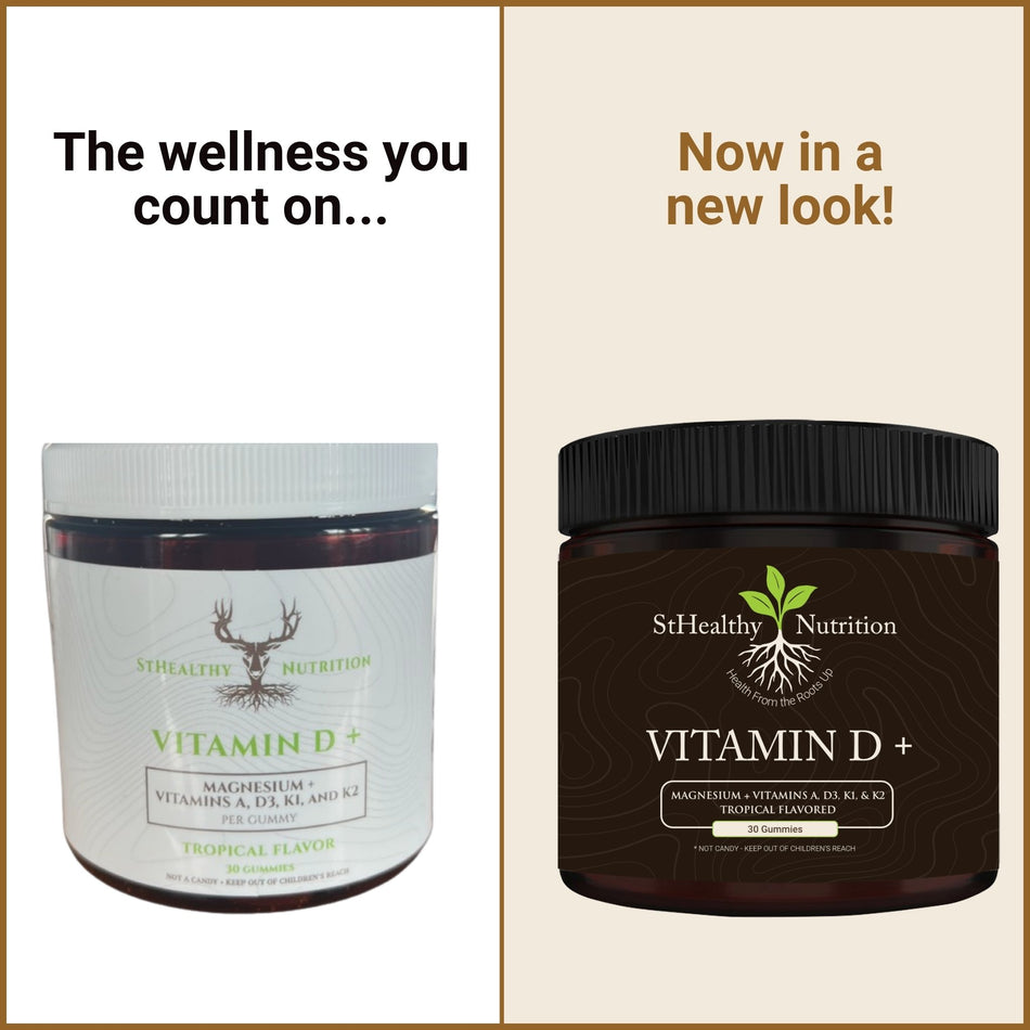 Two containers of StHealthy Nutrition Vitamin D+ on a beige background with text about a new look.