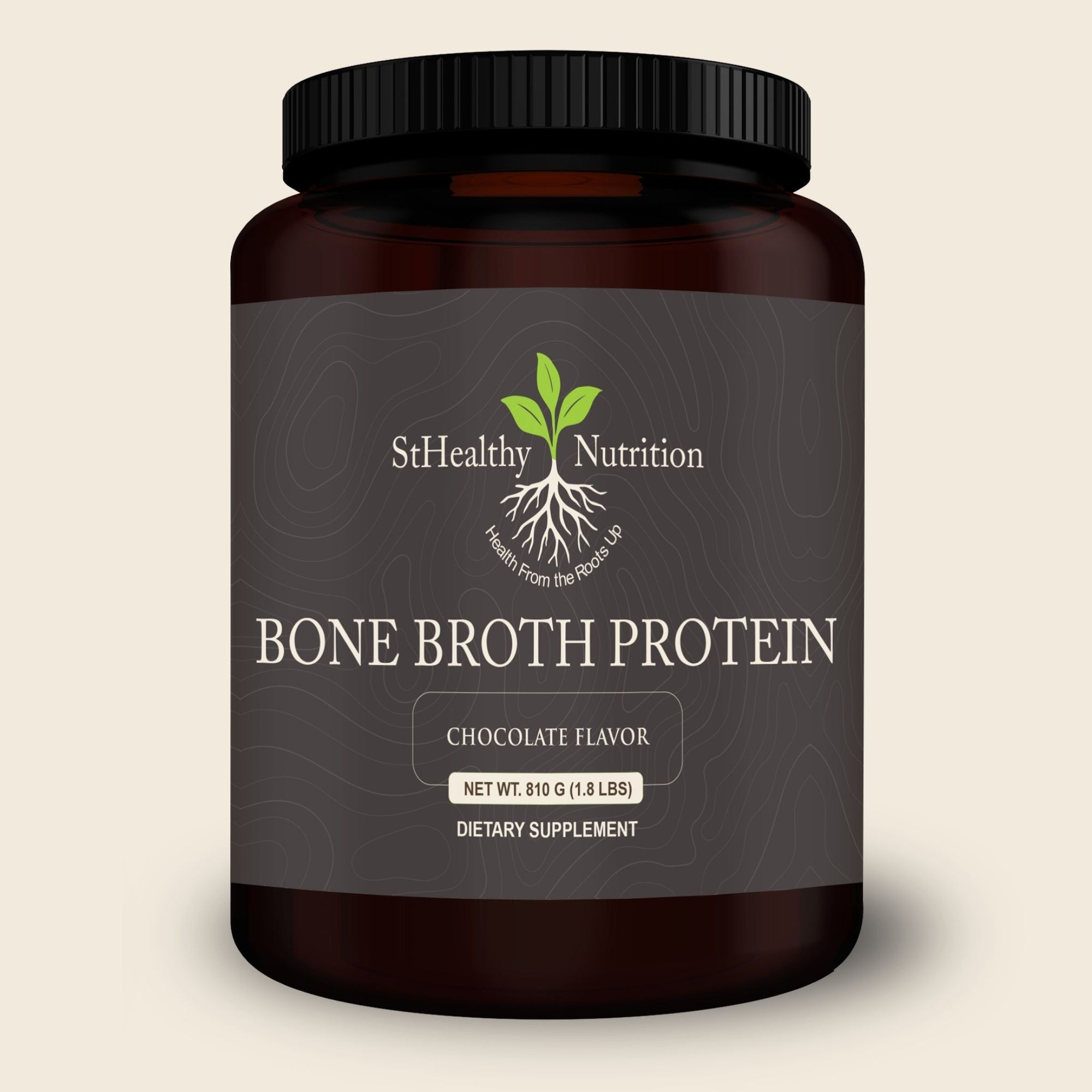 Jar of StHealthy Nutrition Bone Broth Protein on a beige background