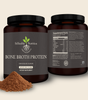 Two containers of StHealthy Nutrition Bone Broth Protein with a scoop of powder on a beige background