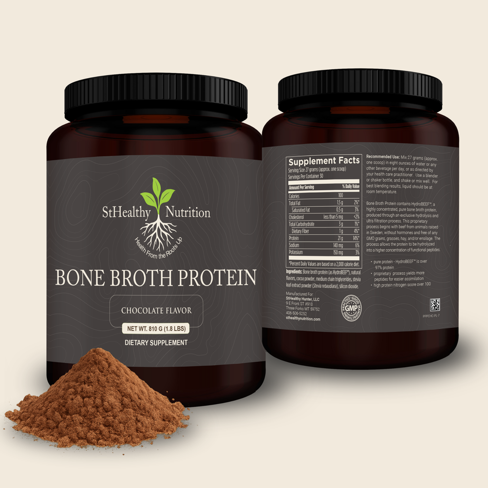 Two containers of StHealthy Nutrition Bone Broth Protein with a scoop of powder on a beige background
