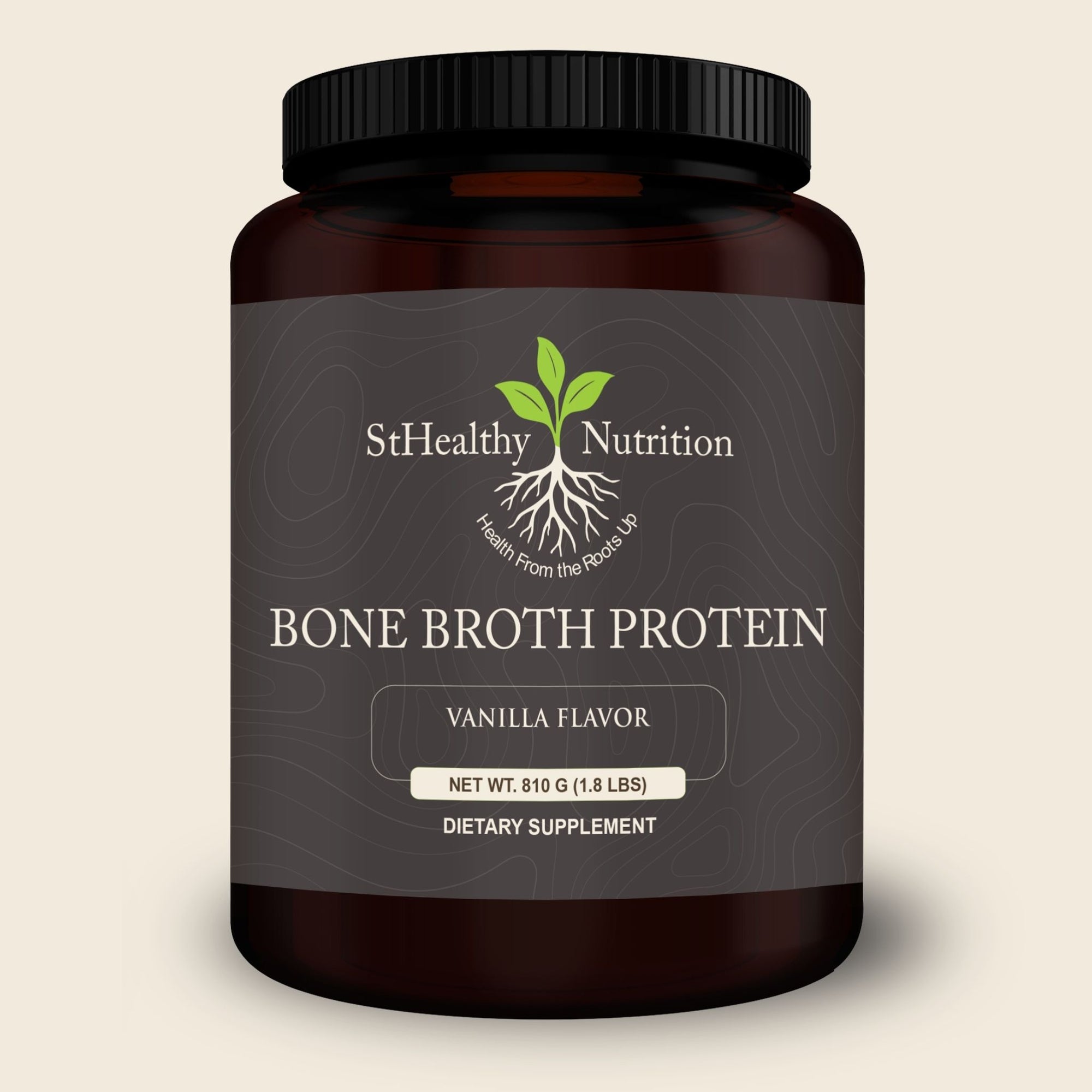 Jar of StHealthy Nutrition Bone Broth Protein on a beige background