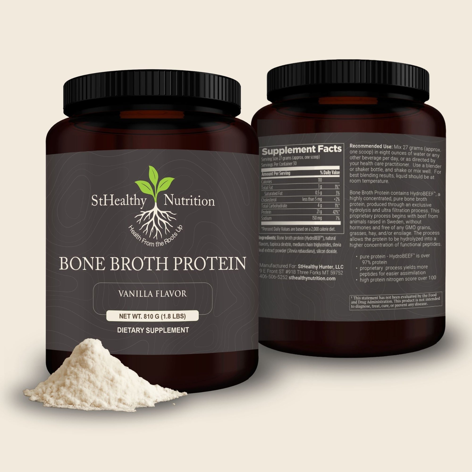 StHealthy Nutrition Bone Broth Protein container with vanilla flavor on a beige background